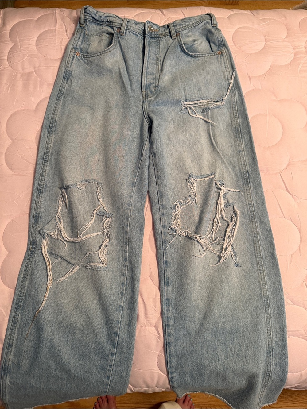 We The Free Light Wash Distressed Wide Leg Jeans